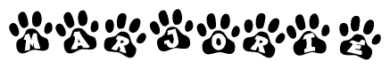 The image shows a row of animal paw prints, each containing a letter. The letters spell out the word Marjorie within the paw prints.