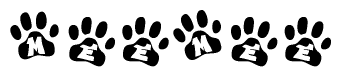 The image shows a row of animal paw prints, each containing a letter. The letters spell out the word Meemee within the paw prints.