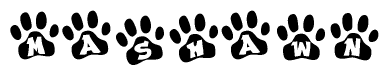 The image shows a series of animal paw prints arranged in a horizontal line. Each paw print contains a letter, and together they spell out the word Mashawn.