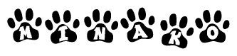 The image shows a series of animal paw prints arranged horizontally. Within each paw print, there's a letter; together they spell Minako