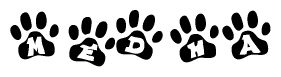 The image shows a series of animal paw prints arranged in a horizontal line. Each paw print contains a letter, and together they spell out the word Medha.
