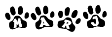 The image shows a series of animal paw prints arranged in a horizontal line. Each paw print contains a letter, and together they spell out the word Marj.