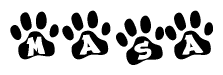The image shows a row of animal paw prints, each containing a letter. The letters spell out the word Masa within the paw prints.