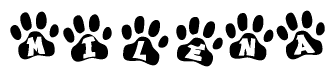 The image shows a series of animal paw prints arranged horizontally. Within each paw print, there's a letter; together they spell Milena