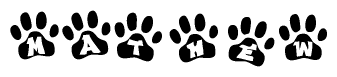 The image shows a series of animal paw prints arranged in a horizontal line. Each paw print contains a letter, and together they spell out the word Mathew.