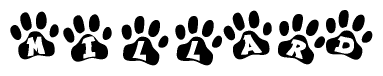 The image shows a row of animal paw prints, each containing a letter. The letters spell out the word Millard within the paw prints.