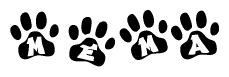 The image shows a series of animal paw prints arranged horizontally. Within each paw print, there's a letter; together they spell Mema