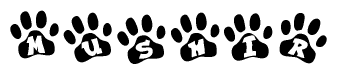 The image shows a row of animal paw prints, each containing a letter. The letters spell out the word Mushir within the paw prints.