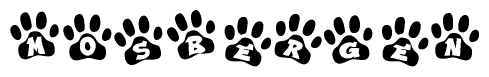 The image shows a row of animal paw prints, each containing a letter. The letters spell out the word Mosbergen within the paw prints.