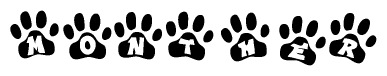 The image shows a series of animal paw prints arranged in a horizontal line. Each paw print contains a letter, and together they spell out the word Monther.