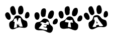The image shows a row of animal paw prints, each containing a letter. The letters spell out the word Meta within the paw prints.