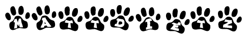 The image shows a series of animal paw prints arranged in a horizontal line. Each paw print contains a letter, and together they spell out the word Mattdietz.