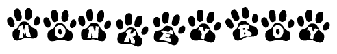 The image shows a row of animal paw prints, each containing a letter. The letters spell out the word Monkeyboy within the paw prints.