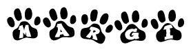 The image shows a series of animal paw prints arranged horizontally. Within each paw print, there's a letter; together they spell Margi