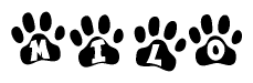 The image shows a series of animal paw prints arranged in a horizontal line. Each paw print contains a letter, and together they spell out the word Milo.