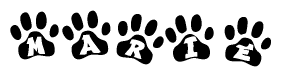 The image shows a row of animal paw prints, each containing a letter. The letters spell out the word Marie within the paw prints.