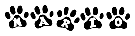 The image shows a row of animal paw prints, each containing a letter. The letters spell out the word Mario within the paw prints.