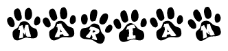 The image shows a row of animal paw prints, each containing a letter. The letters spell out the word Mariam within the paw prints.