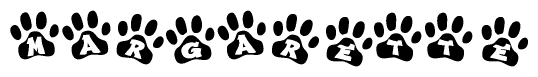 The image shows a series of animal paw prints arranged horizontally. Within each paw print, there's a letter; together they spell Margarette