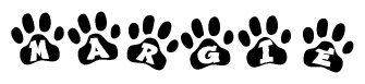 The image shows a row of animal paw prints, each containing a letter. The letters spell out the word Margie within the paw prints.