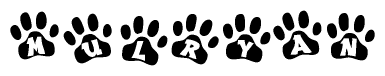 The image shows a series of animal paw prints arranged horizontally. Within each paw print, there's a letter; together they spell Mulryan