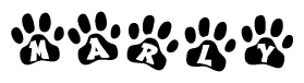 The image shows a series of animal paw prints arranged horizontally. Within each paw print, there's a letter; together they spell Marly