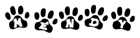 The image shows a row of animal paw prints, each containing a letter. The letters spell out the word Mendy within the paw prints.