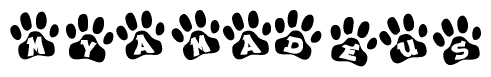 The image shows a series of animal paw prints arranged in a horizontal line. Each paw print contains a letter, and together they spell out the word Myamadeus.