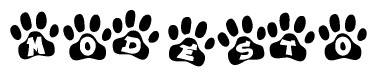 The image shows a row of animal paw prints, each containing a letter. The letters spell out the word Modesto within the paw prints.