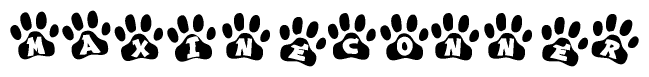 The image shows a series of animal paw prints arranged in a horizontal line. Each paw print contains a letter, and together they spell out the word Maxineconner.
