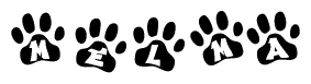 The image shows a series of animal paw prints arranged horizontally. Within each paw print, there's a letter; together they spell Melma
