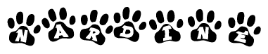 The image shows a row of animal paw prints, each containing a letter. The letters spell out the word Nardine within the paw prints.