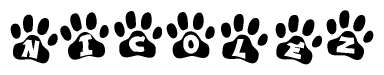 The image shows a series of animal paw prints arranged horizontally. Within each paw print, there's a letter; together they spell Nicolez