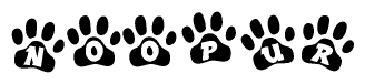 The image shows a row of animal paw prints, each containing a letter. The letters spell out the word Noopur within the paw prints.