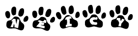 The image shows a series of animal paw prints arranged horizontally. Within each paw print, there's a letter; together they spell Neicy