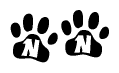 The image shows a series of animal paw prints arranged in a horizontal line. Each paw print contains a letter, and together they spell out the word Nn.