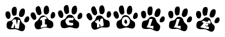 The image shows a series of animal paw prints arranged in a horizontal line. Each paw print contains a letter, and together they spell out the word Nicholle.