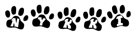 The image shows a series of animal paw prints arranged in a horizontal line. Each paw print contains a letter, and together they spell out the word Nykki.
