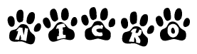 The image shows a series of animal paw prints arranged horizontally. Within each paw print, there's a letter; together they spell Nicko