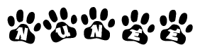The image shows a series of animal paw prints arranged horizontally. Within each paw print, there's a letter; together they spell Nunee