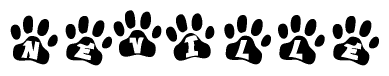 The image shows a series of animal paw prints arranged horizontally. Within each paw print, there's a letter; together they spell Neville