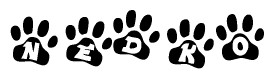 The image shows a row of animal paw prints, each containing a letter. The letters spell out the word Nedko within the paw prints.