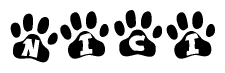 The image shows a series of animal paw prints arranged horizontally. Within each paw print, there's a letter; together they spell Nici
