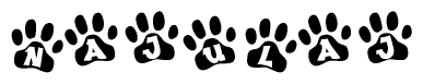 The image shows a series of animal paw prints arranged in a horizontal line. Each paw print contains a letter, and together they spell out the word Najulaj.