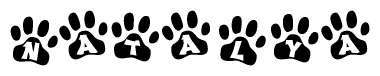 The image shows a series of animal paw prints arranged in a horizontal line. Each paw print contains a letter, and together they spell out the word Natalya.