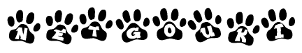 The image shows a series of animal paw prints arranged horizontally. Within each paw print, there's a letter; together they spell Netgouki