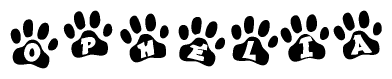 The image shows a row of animal paw prints, each containing a letter. The letters spell out the word Ophelia within the paw prints.