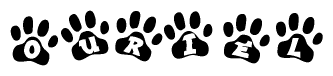 The image shows a series of animal paw prints arranged horizontally. Within each paw print, there's a letter; together they spell Ouriel