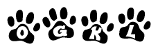 The image shows a series of animal paw prints arranged in a horizontal line. Each paw print contains a letter, and together they spell out the word Ogkl.