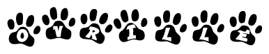 The image shows a row of animal paw prints, each containing a letter. The letters spell out the word Ovrille within the paw prints.